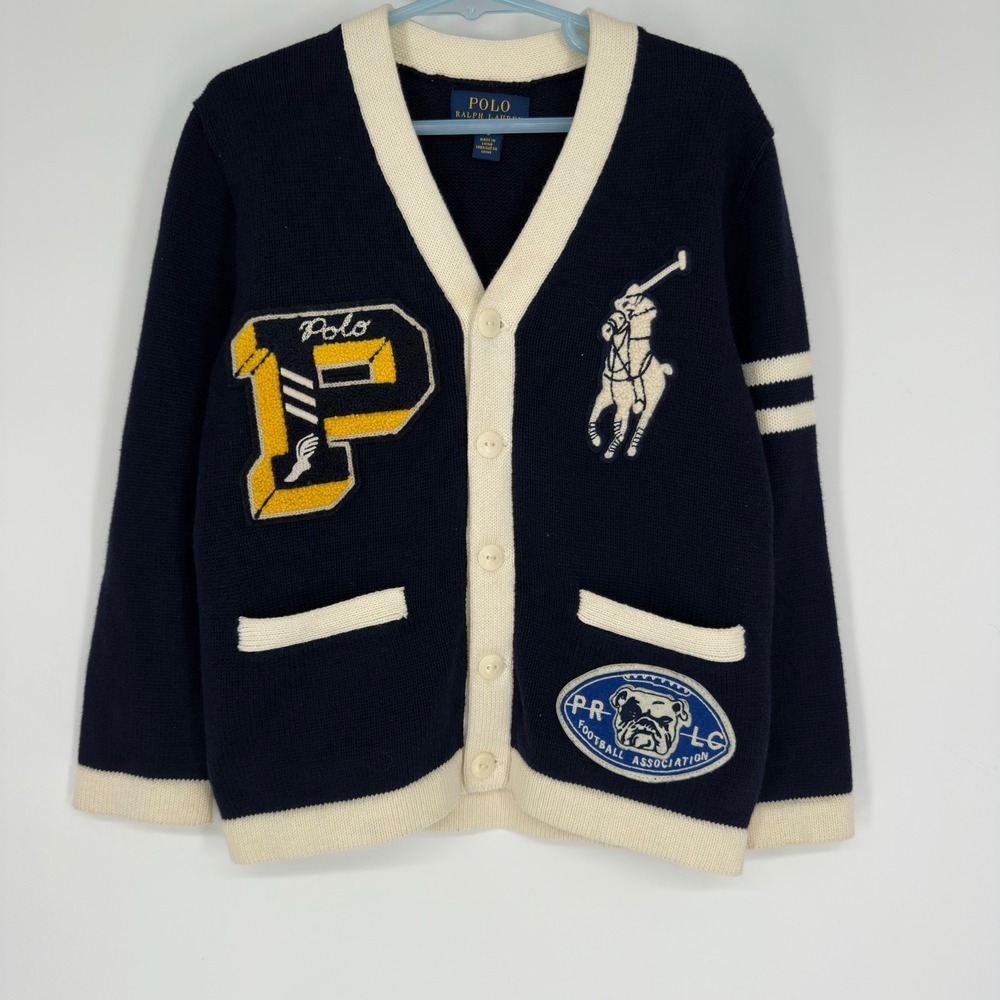 Polo Ralph Lauren Kids Varsity Cardigan Navy Blue Big Pony Bulldog Patch Size 5